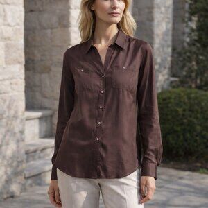 Tommy Bahama Silk Shirt Roll Tab Sleeve Button Front Brown